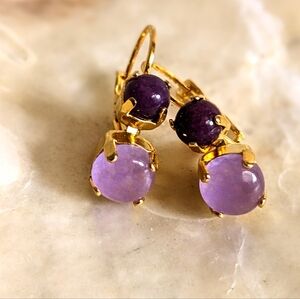 Natural  Genuine Lavender And Purple Gold Plated Earrings